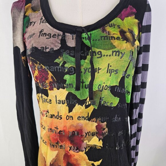 Desigual Damen Black Floral Stripe Tunic Top Sz Medium Asymmetric Hem - Picture 7 of 16